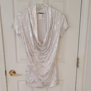 Deb Shimmering Silver and White Cowl Neck Blouse